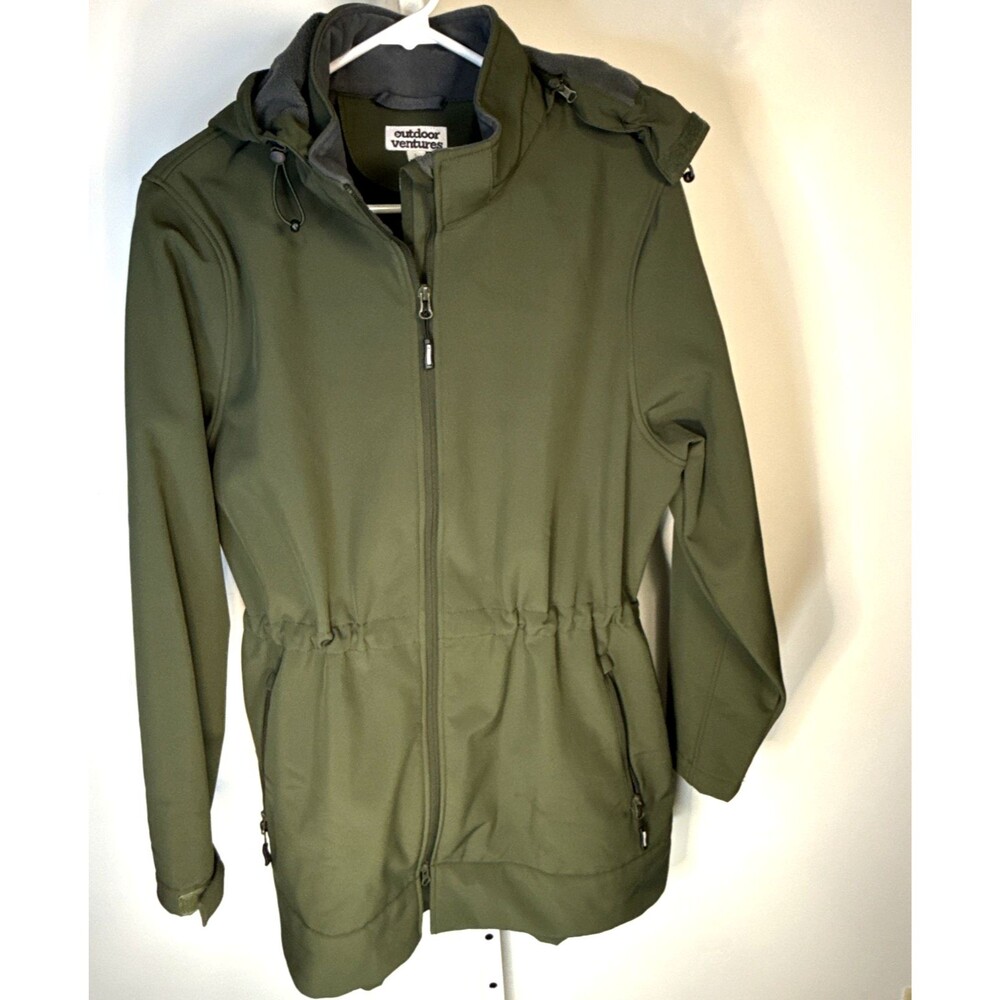 Outdoor Ventures Womens Olive Green Waterproof Jacket Removable Hood Lg Fleece L